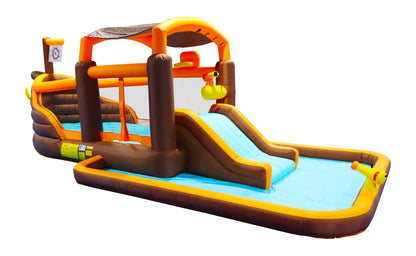 Bounce house castle Slide Water Park Bounce house castle- Backyard Slide Water Park - Cruise ship design Splash Pool & Basketball - front without kids