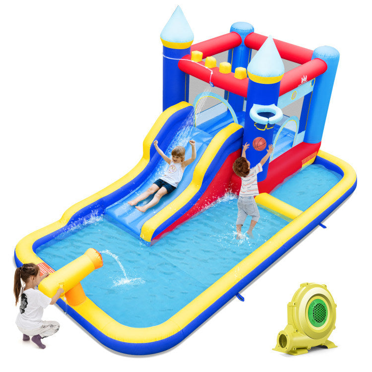 Inflatable Water Slide Bounce House |Ocean-Themed Inflatable Bounce Castle with 2 Pools- front top left view